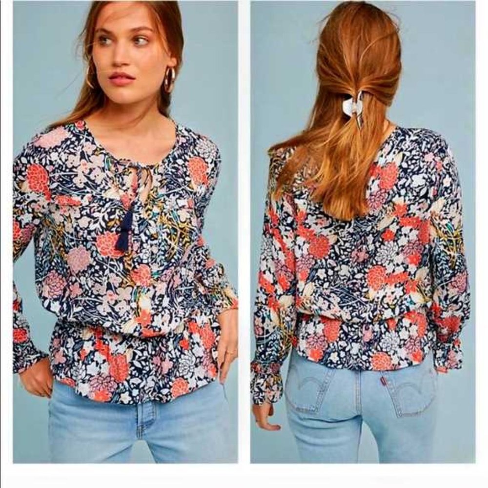 Maeve Anthropologie Floral Tassel Tie Blouse